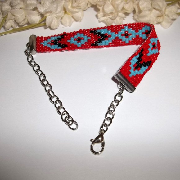 Beaded Bracelet Southwestern Western Style Red Turquoise Blue Black Silver A775 - Picture 6 of 9